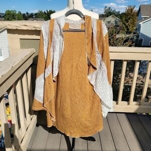 NICK & MO GOLDEN MUSTARD YELLOW RIBBED CARDIGAN W LACE & CROCHET LACE, sz M/L
